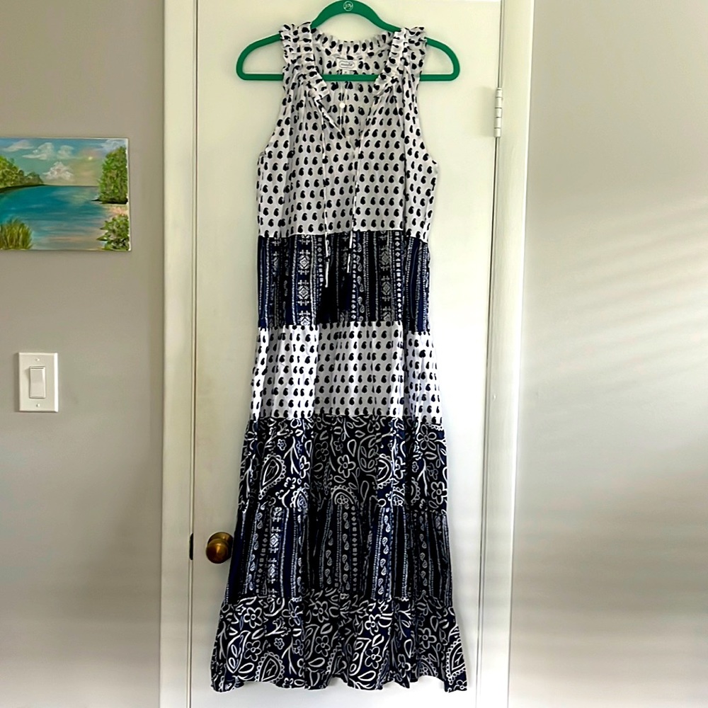 Mud Pie White and Navy Tiered Maxi Dress
